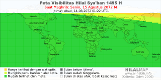 HilalMap: Peta Visibilitas Hilal Syaban 1495 H: rukyat tanggal 2072-8-15 M