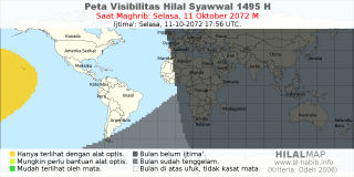 HilalMap: Peta Visibilitas Hilal Syawwal 1495 H: rukyat tanggal 2072-10-11 M