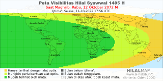 HilalMap: Peta Visibilitas Hilal Syawwal 1495 H: rukyat tanggal 2072-10-12 M