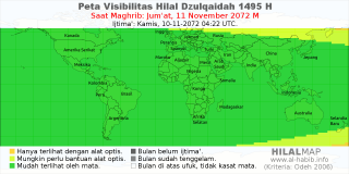 HilalMap: Peta Visibilitas Hilal Dzulqaidah 1495 H: rukyat tanggal 2072-11-11 M