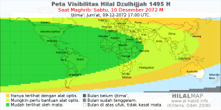 HilalMap: Peta Visibilitas Hilal Dzulhijjah 1495 H: rukyat tanggal 2072-12-10 M