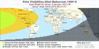 HilalMap: Peta Visibilitas Hilal Muharram 1496 H: rukyat tanggal 2073-1-8 M