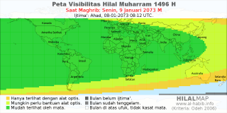 HilalMap: Peta Visibilitas Hilal Muharram 1496 H: rukyat tanggal 2073-1-9 M