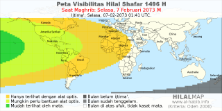 HilalMap: Peta Visibilitas Hilal Shafar 1496 H: rukyat tanggal 2073-2-7 M