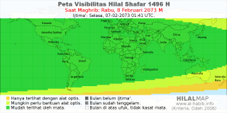 HilalMap: Peta Visibilitas Hilal Shafar 1496 H: rukyat tanggal 2073-2-8 M