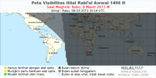 HilalMap: Peta Visibilitas Hilal Rabiul-Awwal 1496 H: rukyat tanggal 2073-3-8 M