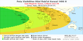 HilalMap: Peta Visibilitas Hilal Rabiul-Awwal 1496 H: rukyat tanggal 2073-3-9 M