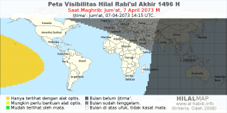 HilalMap: Peta Visibilitas Hilal Rabiul-Akhir 1496 H: rukyat tanggal 2073-4-7 M