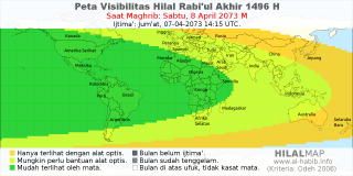 HilalMap: Peta Visibilitas Hilal Rabiul-Akhir 1496 H: rukyat tanggal 2073-4-8 M