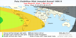 HilalMap: Peta Visibilitas Hilal Jumadal-Awwal 1496 H: rukyat tanggal 2073-5-7 M