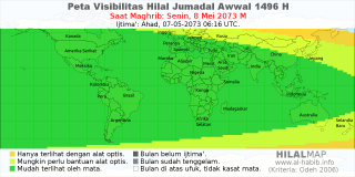 HilalMap: Peta Visibilitas Hilal Jumadal-Awwal 1496 H: rukyat tanggal 2073-5-8 M