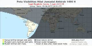 HilalMap: Peta Visibilitas Hilal Jumadal-Akhirah 1496 H: rukyat tanggal 2073-6-5 M