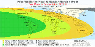 HilalMap: Peta Visibilitas Hilal Jumadal-Akhirah 1496 H: rukyat tanggal 2073-6-6 M