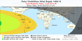 HilalMap: Peta Visibilitas Hilal Rajab 1496 H: rukyat tanggal 2073-7-5 M