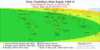 HilalMap: Peta Visibilitas Hilal Rajab 1496 H: rukyat tanggal 2073-7-6 M