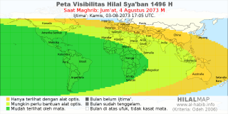 HilalMap: Peta Visibilitas Hilal Syaban 1496 H: rukyat tanggal 2073-8-4 M