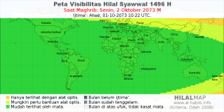 HilalMap: Peta Visibilitas Hilal Syawwal 1496 H: rukyat tanggal 2073-10-2 M