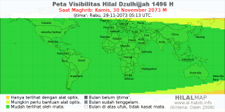 HilalMap: Peta Visibilitas Hilal Dzulhijjah 1496 H: rukyat tanggal 2073-11-30 M