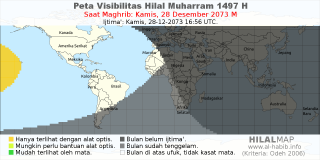 HilalMap: Peta Visibilitas Hilal Muharram 1497 H: rukyat tanggal 2073-12-28 M