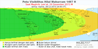 HilalMap: Peta Visibilitas Hilal Muharram 1497 H: rukyat tanggal 2073-12-29 M