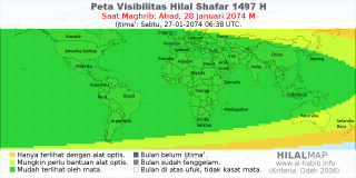 HilalMap: Peta Visibilitas Hilal Shafar 1497 H: rukyat tanggal 2074-1-28 M