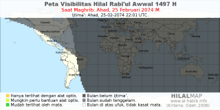 HilalMap: Peta Visibilitas Hilal Rabiul-Awwal 1497 H: rukyat tanggal 2074-2-25 M
