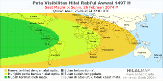 HilalMap: Peta Visibilitas Hilal Rabiul-Awwal 1497 H: rukyat tanggal 2074-2-26 M