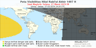 HilalMap: Peta Visibilitas Hilal Rabiul-Akhir 1497 H: rukyat tanggal 2074-3-27 M
