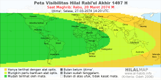 HilalMap: Peta Visibilitas Hilal Rabiul-Akhir 1497 H: rukyat tanggal 2074-3-28 M