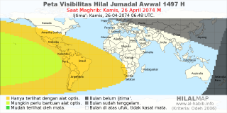 HilalMap: Peta Visibilitas Hilal Jumadal-Awwal 1497 H: rukyat tanggal 2074-4-26 M
