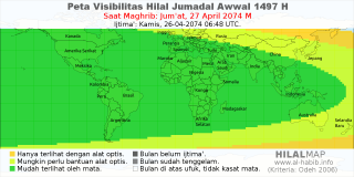 HilalMap: Peta Visibilitas Hilal Jumadal-Awwal 1497 H: rukyat tanggal 2074-4-27 M