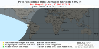 HilalMap: Peta Visibilitas Hilal Jumadal-Akhirah 1497 H: rukyat tanggal 2074-5-25 M