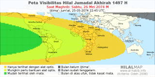 HilalMap: Peta Visibilitas Hilal Jumadal-Akhirah 1497 H: rukyat tanggal 2074-5-26 M
