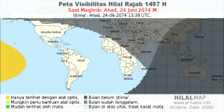 HilalMap: Peta Visibilitas Hilal Rajab 1497 H: rukyat tanggal 2074-6-24 M