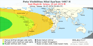 HilalMap: Peta Visibilitas Hilal Syaban 1497 H: rukyat tanggal 2074-7-24 M