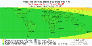 HilalMap: Peta Visibilitas Hilal Syaban 1497 H: rukyat tanggal 2074-7-25 M