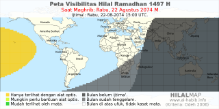 HilalMap: Peta Visibilitas Hilal Ramadhan 1497 H: rukyat tanggal 2074-8-22 M