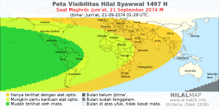 HilalMap: Peta Visibilitas Hilal Syawwal 1497 H: rukyat tanggal 2074-9-21 M