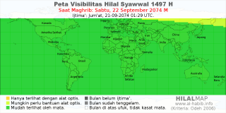 HilalMap: Peta Visibilitas Hilal Syawwal 1497 H: rukyat tanggal 2074-9-22 M