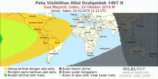 HilalMap: Peta Visibilitas Hilal Dzulqaidah 1497 H: rukyat tanggal 2074-10-20 M