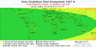 HilalMap: Peta Visibilitas Hilal Dzulqaidah 1497 H: rukyat tanggal 2074-10-21 M