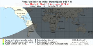 HilalMap: Peta Visibilitas Hilal Dzulhijjah 1497 H: rukyat tanggal 2074-11-18 M