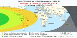 HilalMap: Peta Visibilitas Hilal Muharram 1498 H: rukyat tanggal 2074-12-18 M