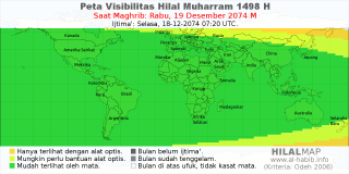HilalMap: Peta Visibilitas Hilal Muharram 1498 H: rukyat tanggal 2074-12-19 M
