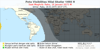 HilalMap: Peta Visibilitas Hilal Shafar 1498 H: rukyat tanggal 2075-1-16 M