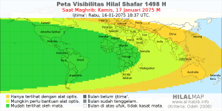 HilalMap: Peta Visibilitas Hilal Shafar 1498 H: rukyat tanggal 2075-1-17 M