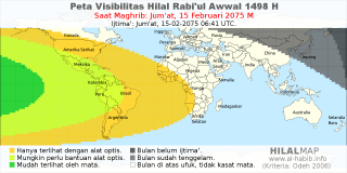 HilalMap: Peta Visibilitas Hilal Rabiul-Awwal 1498 H: rukyat tanggal 2075-2-15 M