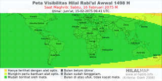 HilalMap: Peta Visibilitas Hilal Rabiul-Awwal 1498 H: rukyat tanggal 2075-2-16 M