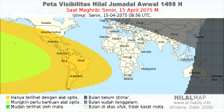 HilalMap: Peta Visibilitas Hilal Jumadal-Awwal 1498 H: rukyat tanggal 2075-4-15 M