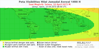 HilalMap: Peta Visibilitas Hilal Jumadal-Awwal 1498 H: rukyat tanggal 2075-4-16 M